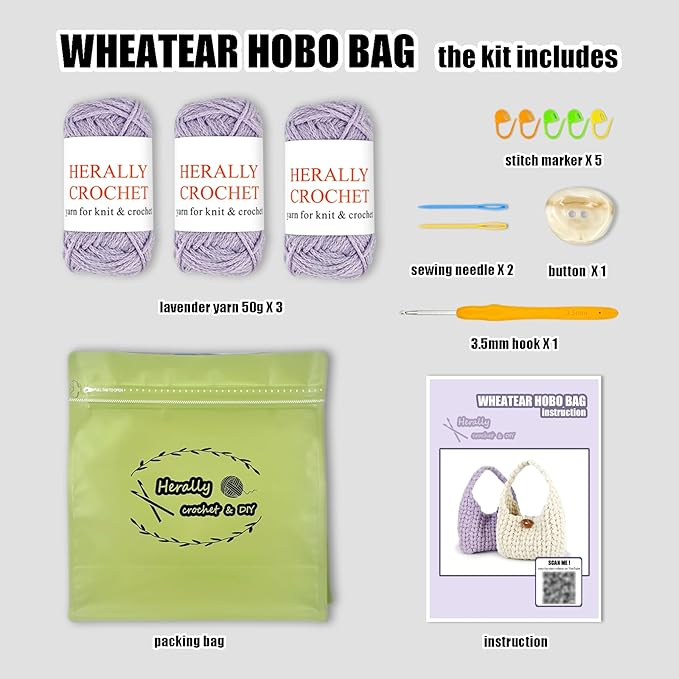 Herally Crochet Kit DIY for Beginners - Include Yarn, Hook and Accessory - with Step by Step Video Tutorials - Wheatear Hobo Bag (Lavender)