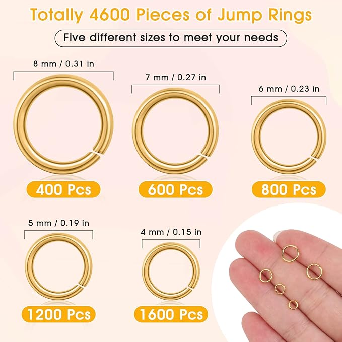 4600pcs gold jump rings with jump rings open/close tools for jewelry making and necklace repair (assorted sizes)