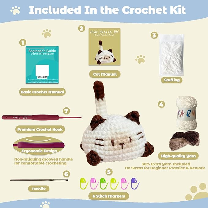 JueRum Cat Crochet Kit for Beginners,Learn to Crochet Beginner Crochet Kit for Adults, Amigurumi Crochet Animals Cat Crafts Knitting Kit with Step-by-Step Video Tutorials