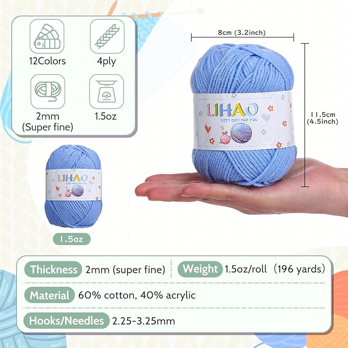 LIHAO 12pcs Yarns for Crocheting, Acrylic Yarn Bundle 4 Ply for Amigurumi and Crafts, 2300 Yards