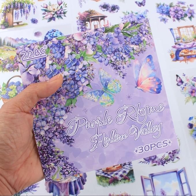 30 Sheets Precut Purple Garden Landscape Stickers Book for Junk Journal Supplies, Transparent PET Stickers for Journaling, Scrapbooking, Bujo, Collage, Card Making