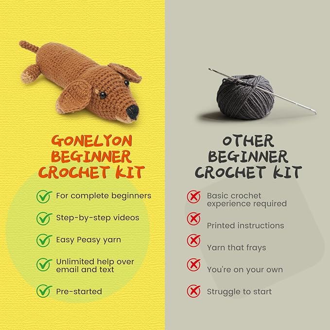 GONELYON Crochet Kit for Beginners - 2 PCS Crochet Dachshund Beginner Crochet Kit, with Step-by-Step Video Tutorials, Beginner Crochet Kit for Adults, Animal Craft Knitting Kit Crochet Gifts