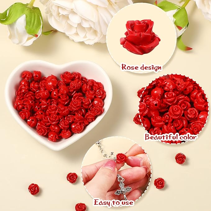140 Pcs Rosary Making Supplies Carved Rose Beads Flower Beads Kit Cross Centerpiece Crucifix Medal, Silver Jesus Maria Pendant for Bracelet Necklace(Red)