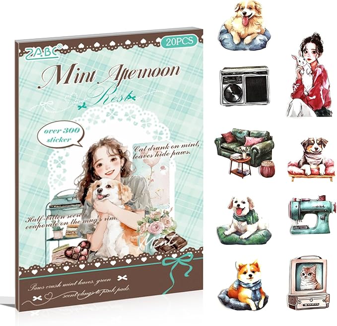 Scrapbook Sticker Book for Scrapbooking and Journaling, People Pet Coffee Theme, 20 Sheets 3.9x5.9 inches, Precut Transparent PET Stickers for Junk Journal Supplies, Collage, Scrap Book