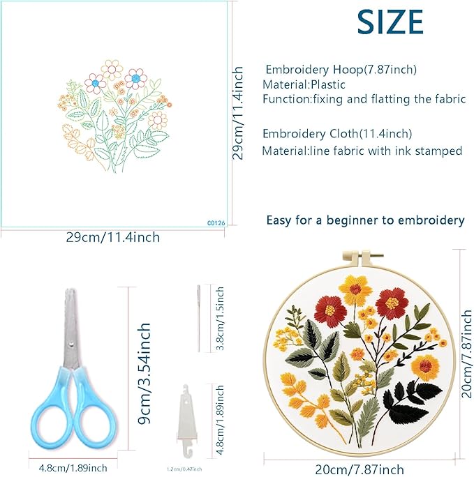 Zhenqing Floral Embroidery Kit for Beginners - Complete Set with Pre-Printed 29x29cm Cotton Fabric, Hoop, Threads & Tools (C0126)