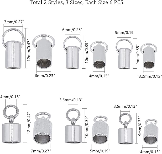 UNICRAFTALE About 36pcs 2 Styles Stainless Steel Cord Ends Column Leather End Caps 3.2~6mm Inner Diameter Cord End Terminators Cord Finding for Jewelry Making Kit, Stainless Steel Color