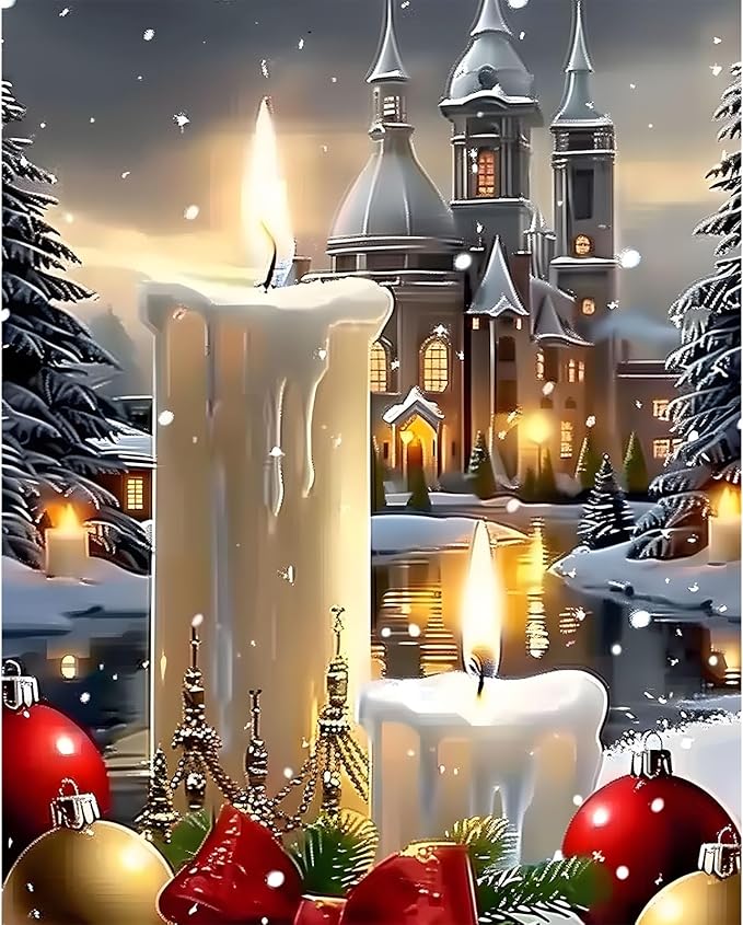 EMIEAUFG Christmas Diamond Art Kits for Adults, Christmas Candle Diamond Paiting Kit for Beginners, 5D DIY Round Full Drill Craft Diamond Dot Gem Art, Home Wall Decor 12" x 16"