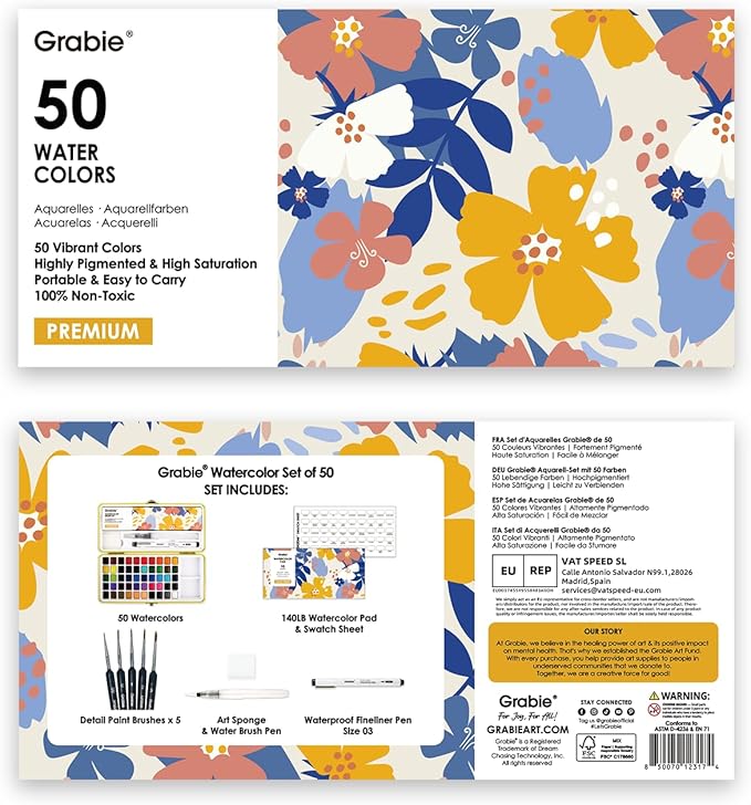 grabie 50 colors premium all-in-one water color paint set - detail paint brush included, watercolor paints, painting sets, art supplies, portable & travel watercolor set, amateur hobbyists