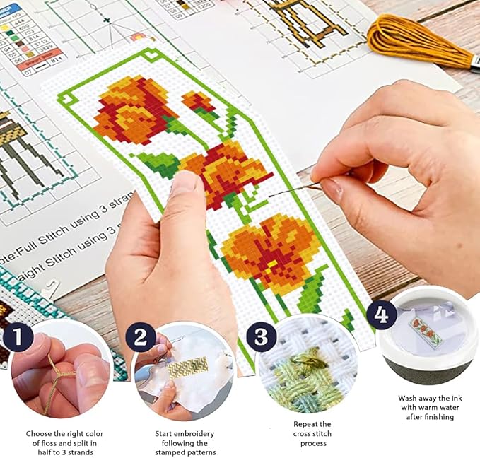 ORIGACH 6 Set Floral Cross Stitch Bookmark Kit for Beginner with Backing Felt Floss Instructions Magnolia Daffodil Rose DIY Stamped Embroidery Bookmark Kit for Adults, Book Lovers