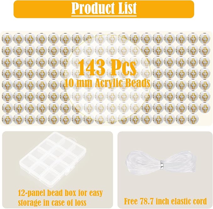 143 Pcs 10mm White Acrylic Cross Beads for Bracelet Making, DIY Christian Religious Rosary Beads with 2m Elastic String & 12-Section Storage Box, Jewelry Making Supplies for Men Women