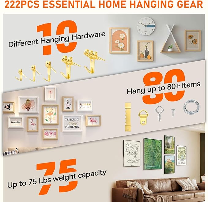 Picture Hanging Kit, 224pcs Hanging Hardware with Hooks, Wire, Nails, D Rings, Photo Sawtooth Hangers, Ring Hooks, Wall Art Frame Hanging Kit with Yellow Magnetic Level and Small Claw Hammer