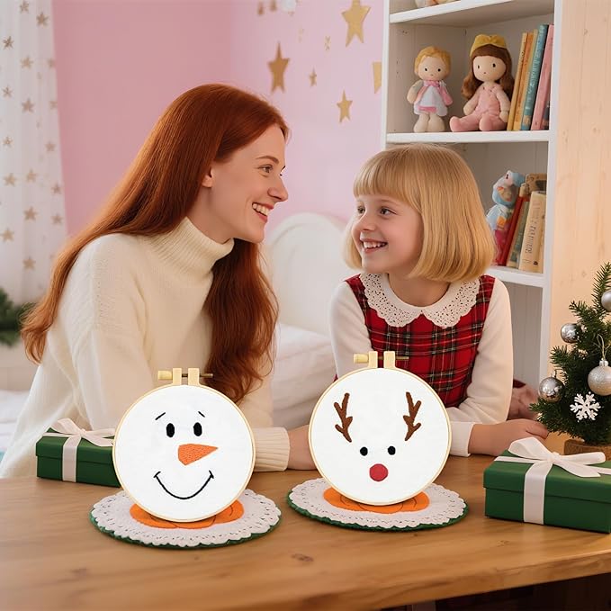 Christmas Embroidery Kits for Beginners Adults, Cute Embroidery Christmas Ornament Kits, Xmas Cross Stitch Kits for Beginners Craft Kits for Adults Women, 2 Sets Embroidery Hoops & Video Tutorial