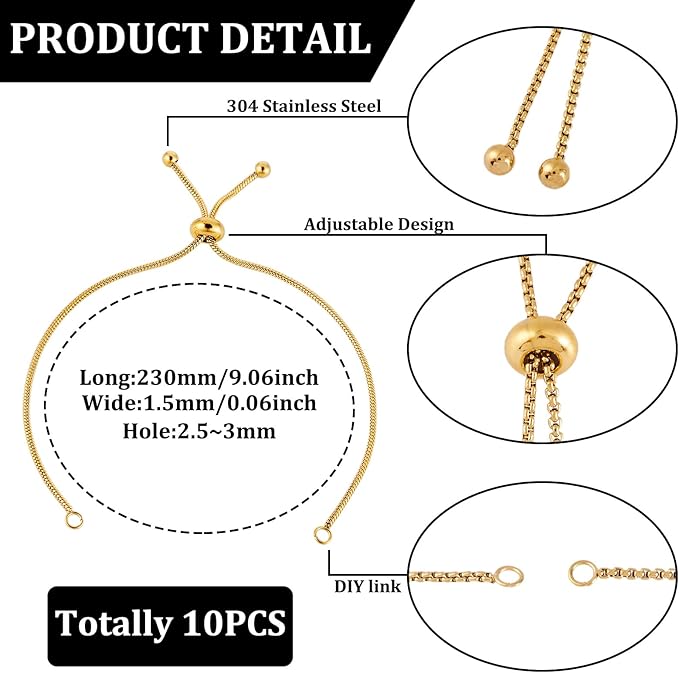 FASHEWELRY 10Pcs Adjustable Stainless Steel Snake Chains Bracelet 9" Golden Slider Bracelets Chains Tarnish Resistant Extender Box Chain with Ball End for DIY Jewelry Making