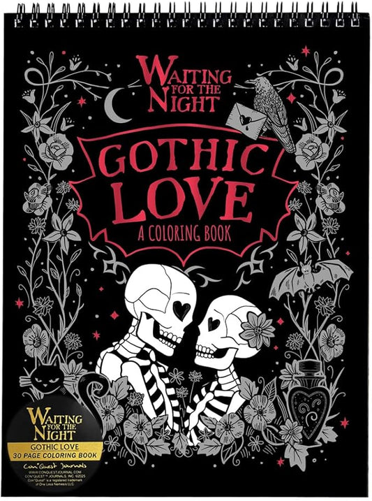 Conquest Journals Waiting for The Night Gothic Love Coloring Book, Goth Valentine's Day-Inspired Designs to Color, 30 Perforated Pages, Top-Spiral, Durable Bookboard-Wrapped Back Cover, 8'' x 10.5''