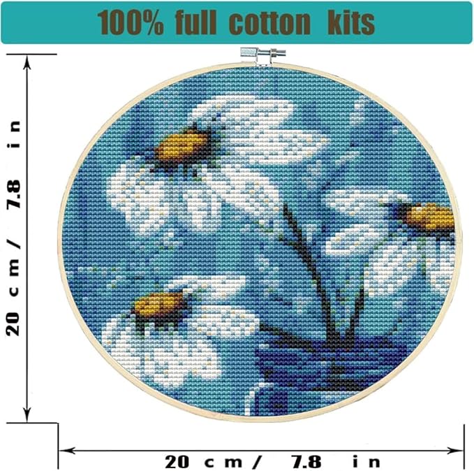4 Pack Stamped Cross Stitch Kits with Frame - Flower Embroidery Kits for Beginners Adults,11 CT Patterns Dimensions Counted Cross Stitch Kits Arts Craft Kits 7.8 x 7.8 inch
