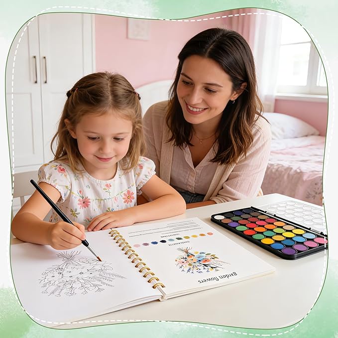 Watercolor Workbook，36 Colors Water Coloring Book Paint Set for Adults,12 Different Patterns of Original DIY Designs, Beginner-Friendly Watercolor Workbooks with Palette and Brush (Flower)
