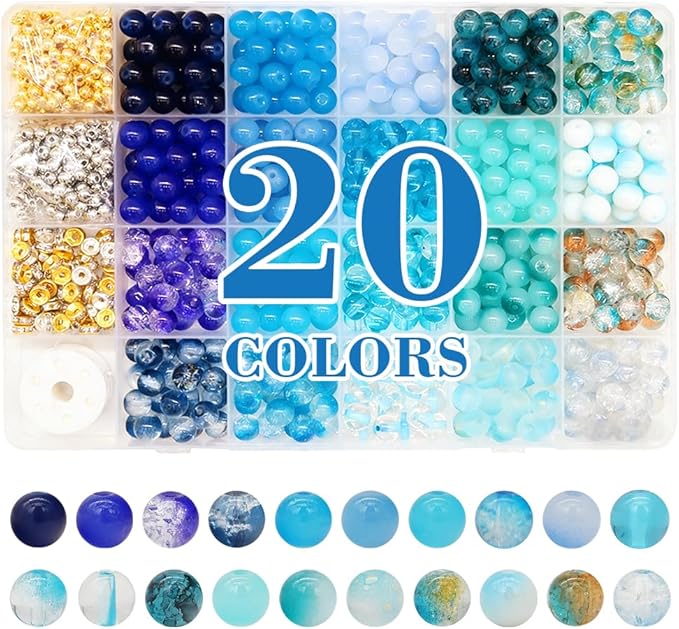 DIPSEOI 8mm Glass Beads for Bracelet Kit - 900 Pcs Jewelry Making Kits Bead DIY with Spacer Charms (Blue Series)