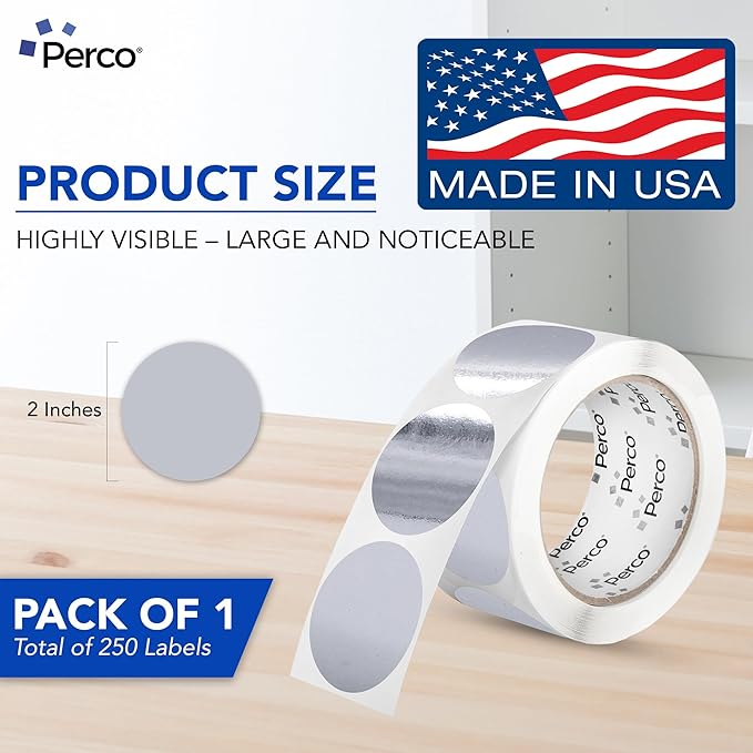 perco metallic silver 2-inch perforated circle dot sticker labels — 250 round stickers per roll — with permanent adhesive for awards, product seals, gift packaging, event marking & more — made in usa