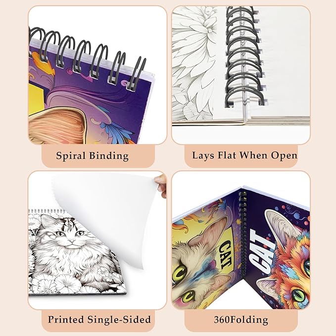 Cat Coloring Book for Adults Spiral Bound, One Sided Design Cat Adult Coloring Book Spiral Bound for Women Anxiety Therapy Thick Paper - 30 Pages for Stress Relief and Relaxation