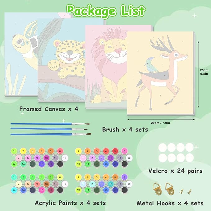 KEYIFA 4 Pack Framed Paint by Numbers Kit for Kids Age 6-12, Easy Animal Paintings for Adult Beginner, Framed Acrylic Canvas Painting for Home Decor Children Gift, 8x10 in (Deer+Turtle+Lion+Leopard)