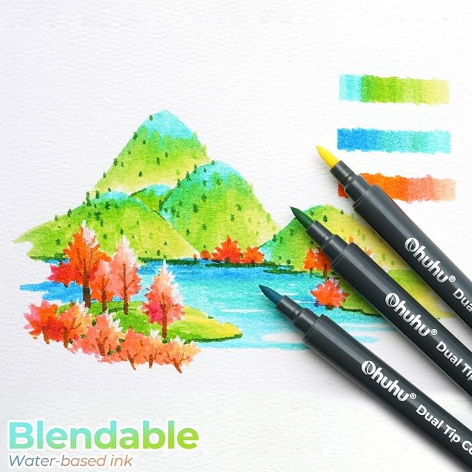 Ohuhu Markers Brush Tip 48-colors with 36-sheet Coloring Book - Double Tipped Markers for Adults Coloring Books - Art Marker Set Bundles with 100% Bleed-proof Pages - Fine & Brush Dual Tips