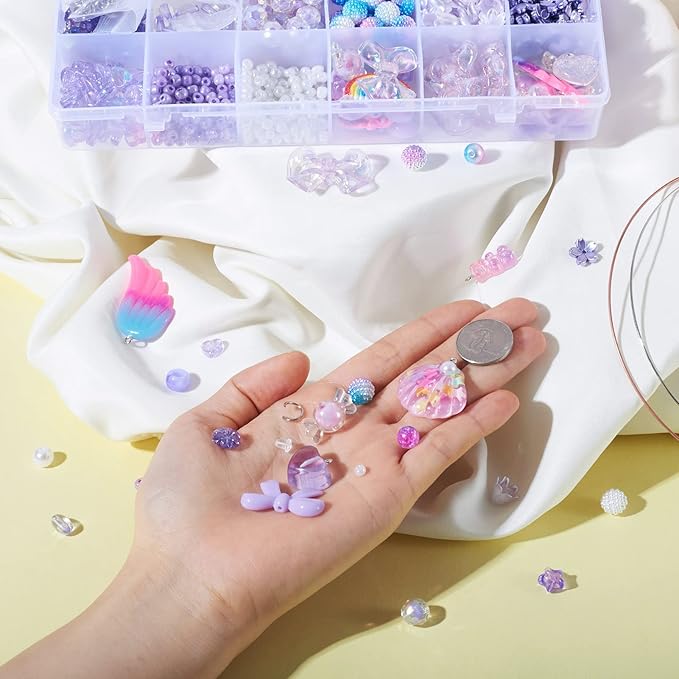 FASHEWELRY 876Pcs Purple Acrylic Pony Beads Cute Gummy Beads Kawaii Clear Beads Assorted Star Heart Bowknot Beads Bulk for Bracelets Necklaces Hair Band Jewelry Making
