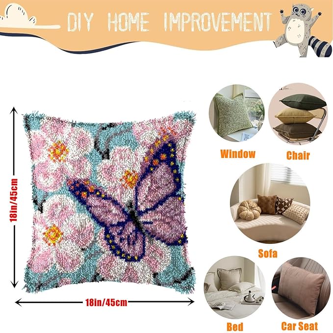 EMISTEM Latch Hook Kits for Adults - Latch Hook Pillow Kits, Crochet Yarn Kit for Beginners, DIY Needlework Crafts Cover Case with Printed Canvas,(Butterfly in Flowers,17x17 inch)
