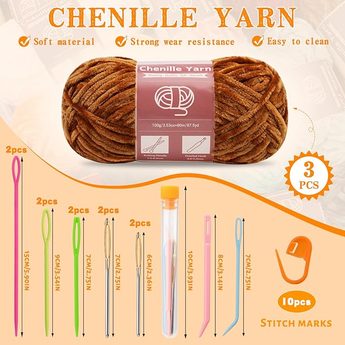 LUNARM Chenille Yarn for Crocheting Knitting, 3 Skein 263 Yard Thick Soft Chunky Fluffy Weaving Plush Yarn for Blankets Clothes Pattern Creations with Big Eye Needles (Khaki)