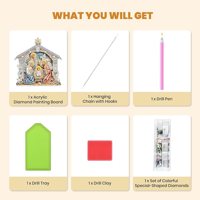 MXJSUA Diamond Art Hanging Kits for Adults Beginners, DIY Acrylic 5D Special Shaped Crystal Diamond Gem Art Painting Hanging Ornament for Home Wall Decor and Gift (Nativity Holy Family)