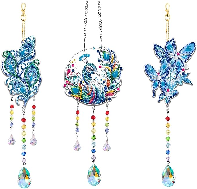 Arts and Crafts for Girls Ages 6-12, DIY Diamond Painting Kits for Kids Teens Adults, Birthday Gifts for 6 7 8 9 10 11 12 Year Old Girls, Peacock Butterfly Feather Wind Chimes for Home Garden Decor