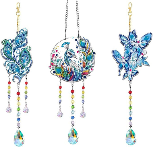 Arts and Crafts for Girls Ages 6-12, DIY Diamond Painting Kits for Kids Teens Adults, Birthday Gifts for 6 7 8 9 10 11 12 Year Old Girls, Peacock Butterfly Feather Wind Chimes for Home Garden Decor