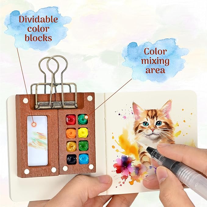 Mini Watercolor Paint Set,Portable mini Travel Watercolor kit, Pocket Watercolor Set with Paint,Art Supplies, for Artists, Amateur Hobbyists and Painting Lovers(12 Colors 8Grids)