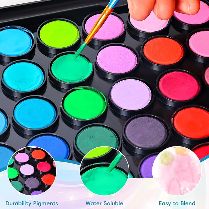 48 Color Solid Watercolor Paint Set with 3 Wooden Brushes - Non-Toxic, Vibrant & Washable Watercolor Kit for Artists, Children, Beginners, Kids - Portable Watercolor Painting Set for Travel & Studio