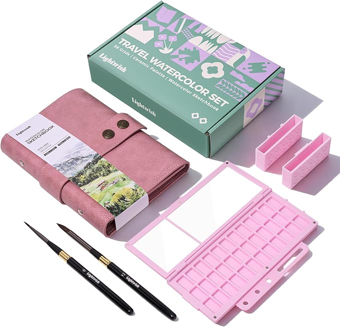 Travel Watercolor Sketchbook Set - 100% Cotton Cold Press 6.7x3.9 Inch Binder Art Journal with 36-Well Ceramic Paint Palette & 2 Travel Watercolor Brushes for Artists Outdoor Painting