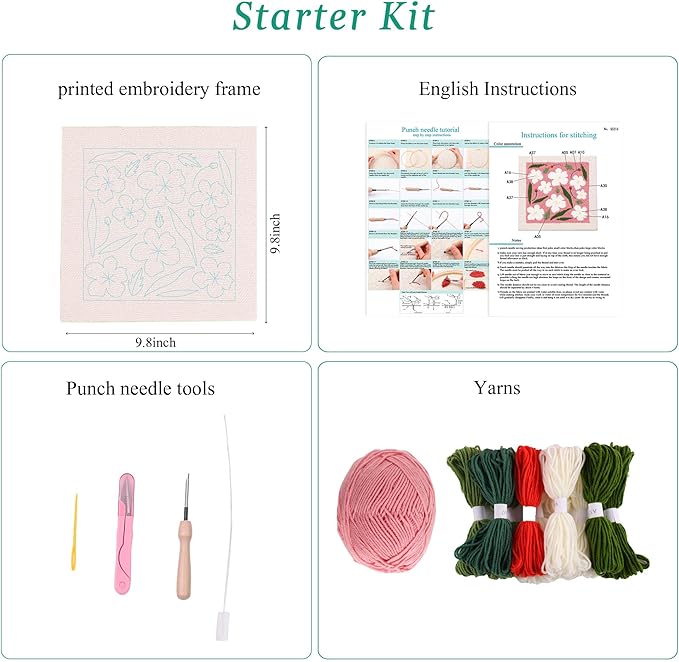 embroidery punch needle kit frame, embroidery starter kits for beginner kids,punch needle fabric with pattern,threader, yarns,embroidery hoops & rug punch(pink)