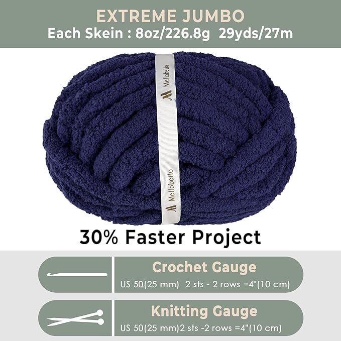 Jumbo Chunky Yarn for Hand Knitting - Super Thick Chenille Chunky Yarn for Crocheting - Extra Soft Bulky Fluffy Blanket Big Yarn 8 Jumbo Pack (27yds,8 oz Each Skein) Navy Blue