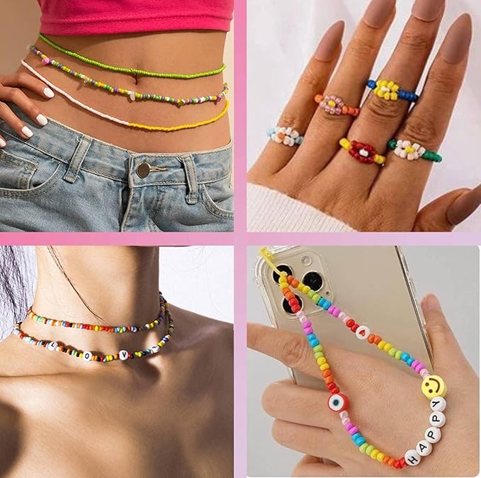 14400pcs Glass Seed Beads for Jewelry Making Kit, 120 Colors 4mm Small Beads Kit Bracelet Beads with Letter Evil Eye Beads Jump Rings & Charms Pendants for Bracelets Making, DIY, Adult Craft Supplies