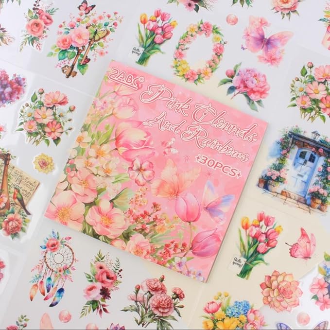 30 Sheets Precut Pink Garden Landscape Stickers Book for Junk Journal Supplies, Transparent PET Stickers for Journaling, Scrapbooking, Bujo, Collage, Card Making