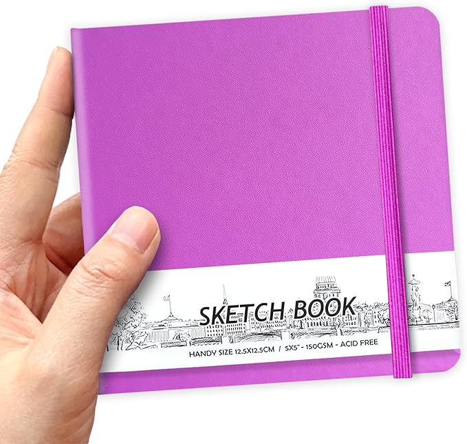 5" x 5" Hardcover Sketch Book,Small Mixed Media Sketch Pad,58 Sheets 150GSM Acid-Free Artist Drawing Paper,Travel Journal Blank Notebook for Adults Painting,Illustration,Art Supplies.Rose Purple