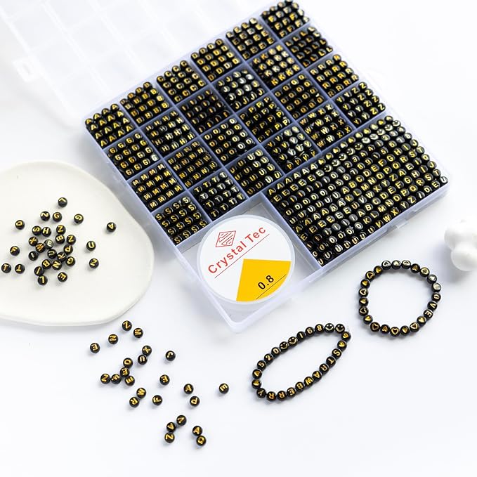 nikkiGuo 1250 PCS Letter Beads Kit with Elastic Cord – Alphabet A–Z, Numbers, Heart, Moon, Star, Smiley Beads for Friendship Bracelets & DIY Jewelry (Black Beats & Golden Letters)