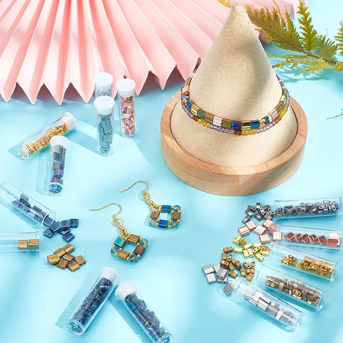 NBEADS 455 Pcs 2 Sizes 2-Hole Beads, 7 Color Rectangle Glass Seed Beads for Jewelry Making DIY Kit