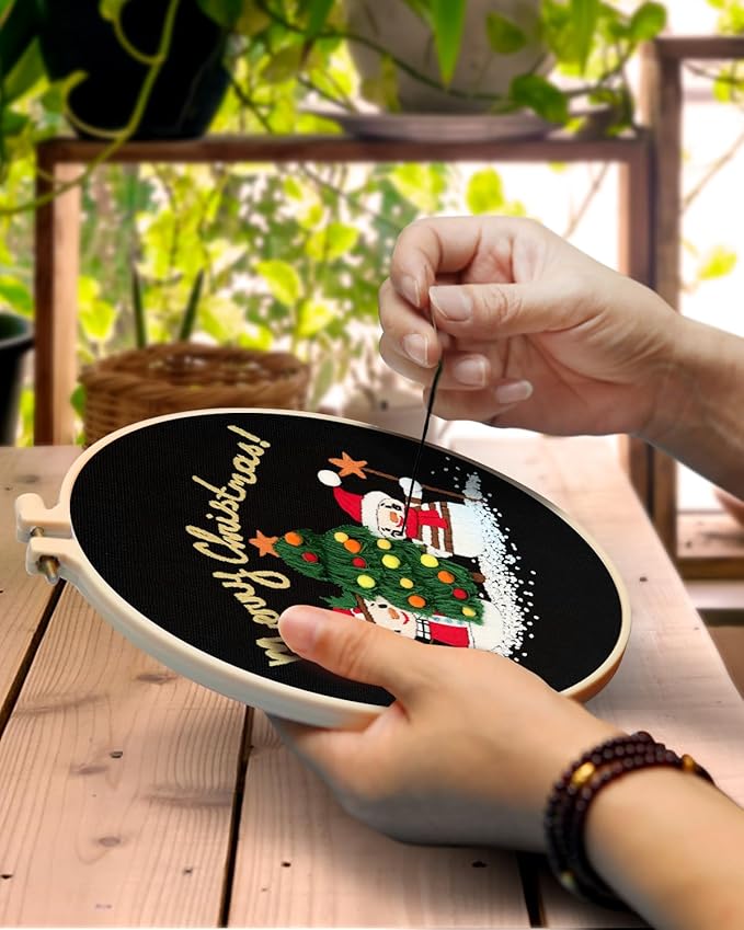 TINDTOP Christmas Embroidery Kit for Adult Beginners, 3 Sets Embroidery Stitch Practice kit Include Embroidery Cloth Hoops Threads for Craft Lover Hand Stitch