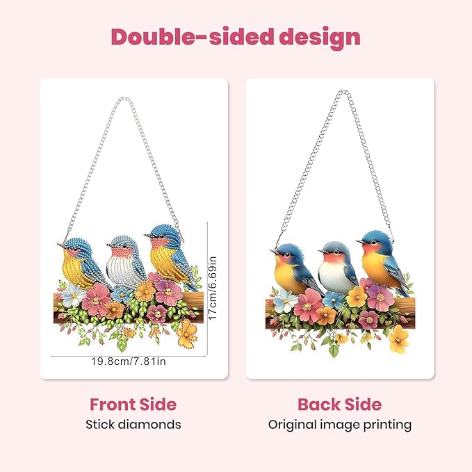 MXJSUA Special Shaped Hanging Diamond Painting Art Kits for Adults, Birds Flowers Fence 3D Crystal Rhinestone Acrylic Gem Art Pendant Ornaments Kit for Home Decoration and Gift