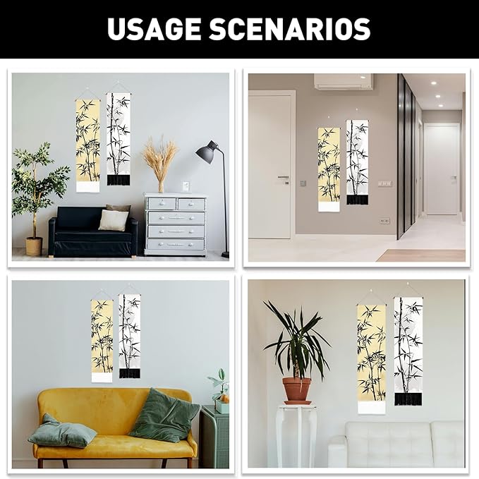 PLIGREAT 2 Pack Bamboo Leaf Tapestry with Tassels, Ancient Bamboo Wall Hanging Home Decor Chinese Art Vertical Wall Tapestry for Bedroom Living Room Long Narrow Home Hanging Decor, 46" x 13"