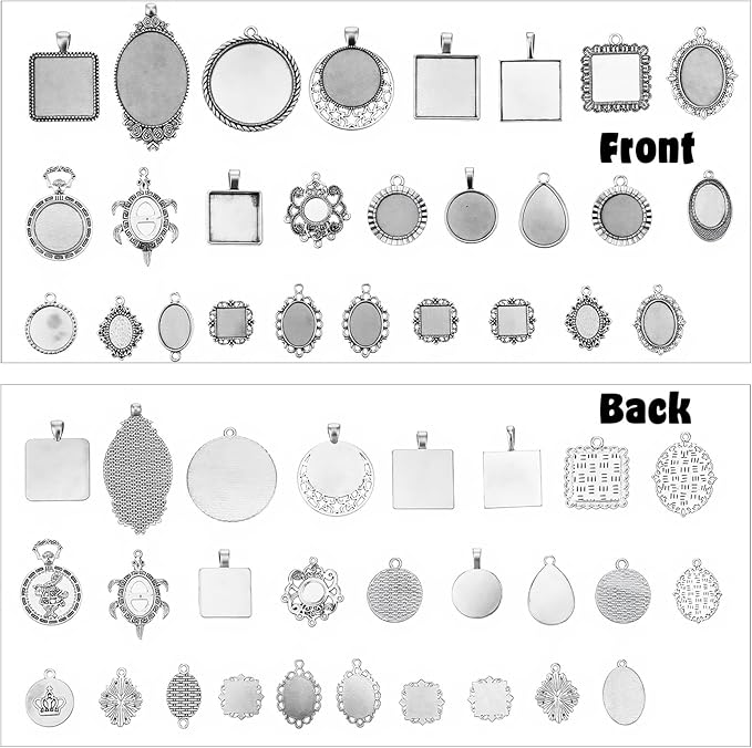 Apojgitn 100G Random Metal Tray: Assorted Bezel Necklace Blank Charms, Pendant Bezels for Resin Jewelry Making with Glass Cabochons, Bails, Ring Blanks, Jewelry Bails & Findings(Blind Box)