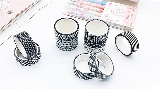 Basic Washi Tape Set 10 Rolls Black White Decorative Dot & Grid Masking Tapes for Journals, Planners, Scrapbooking, Gift Wrapping, DIY Crafts
