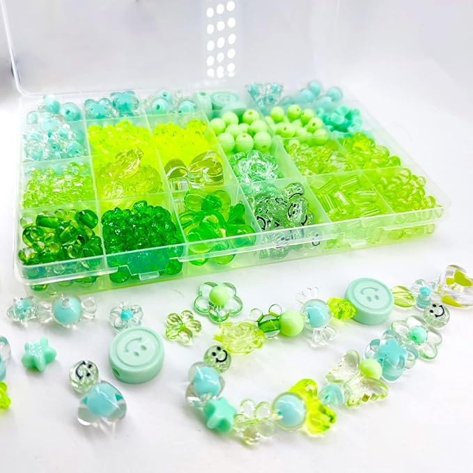450pcs Acrylic Green Assorted Beads: Flower, Heart, Star, Butterfly, Smile Face, Mickey, Pastel; Bulk for Bracelets, Jewelry Making, Phone Charm Crafts