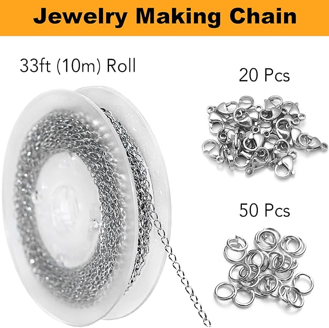 jishi 33ft twisted cable chain 2mm silver stainless steel link chain, jewelry making supplies necklace bracelet extender, diy craft earring findings, metal link chain roll w/lobster clasps, jump rings