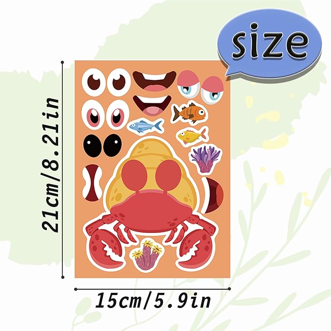 24 sheets 8.27''×5.9'' make your own sea animals stickers for kids toddlers, make a face stickers for kids party favors activities