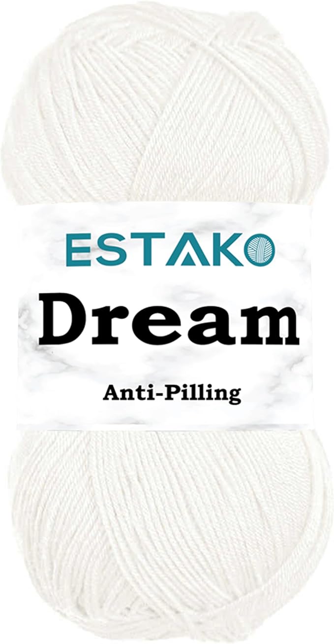 Estako Dream, 100% Microfiber Acrylic Yarn, Soft, Super Fino/Fingering Weight (1) for Crochet and Knitting 3.5 Oz (100g) / 382 Yrds (350m) (70171 - White)